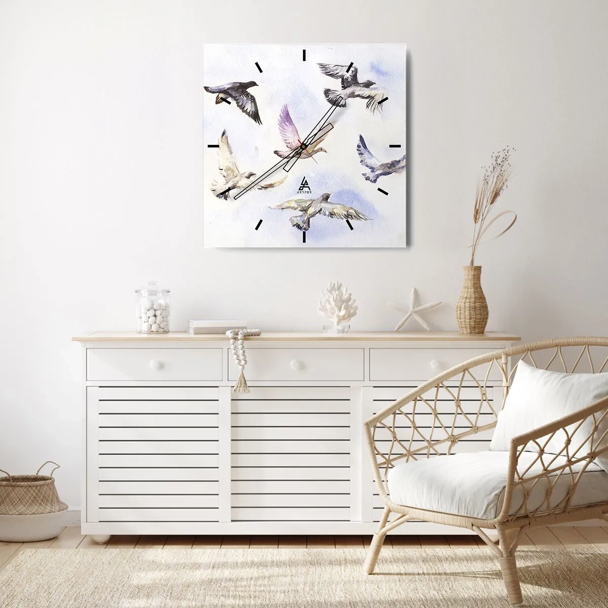 Wanduhr - Glasuhr - Aquarellvögel im Flug vor einem zarten Himmel - 30x30cm - Freiheit in Grau und Blau - Moderne Wanddekoration für Wohnzimmer und Schlafzimmer ARTTOR
