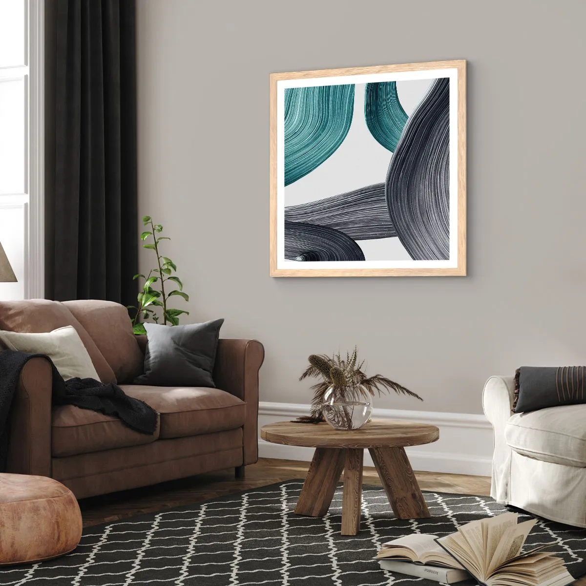 Poster in einem Rahmen aus heller Eiche - Smaragdgrüne und schwarze Pfade - 50x50 cm