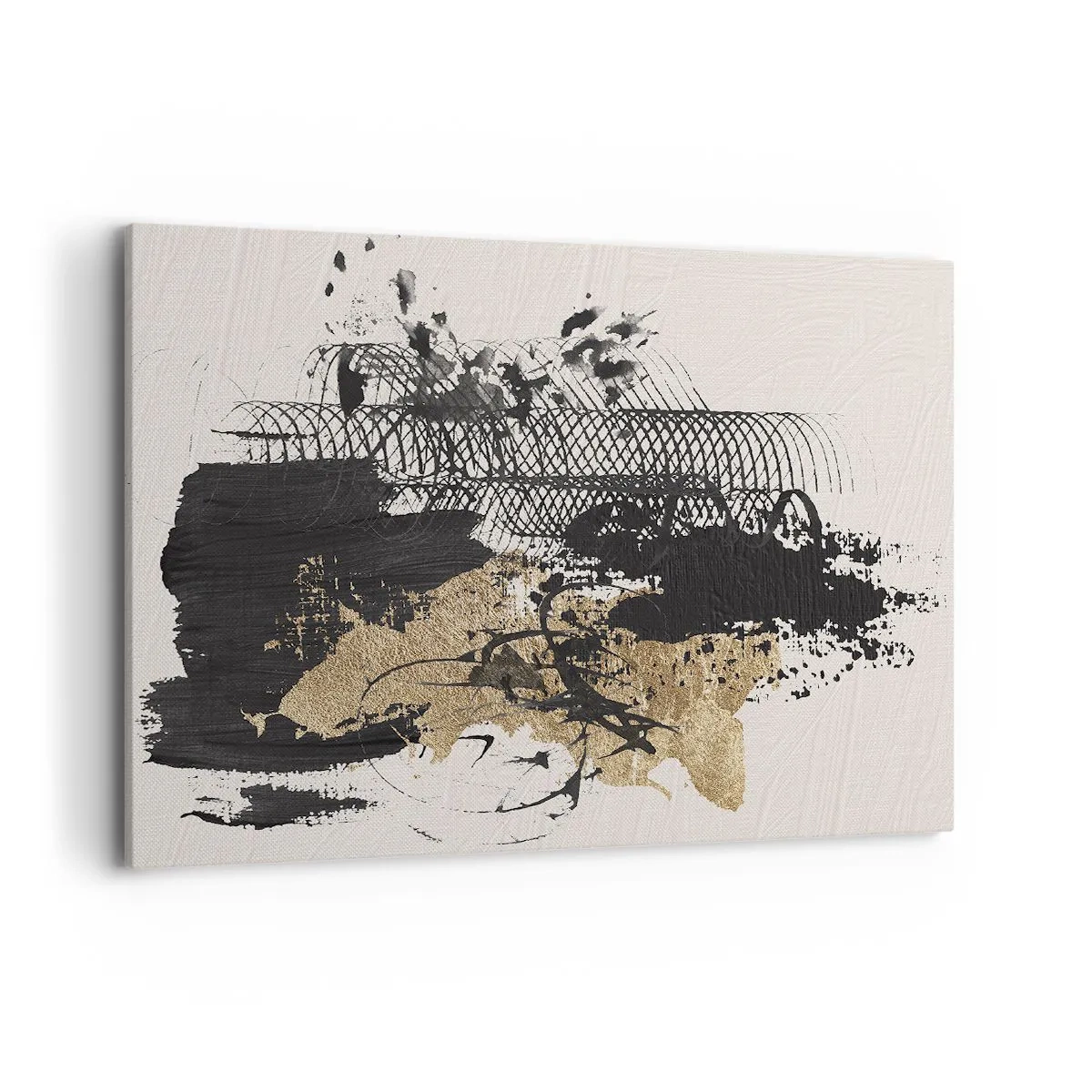 Bild auf Leinwand - Leinwandbild - Ein abstraktes Gemälde in Schwarz und Gold mit dynamischen Linien und Strukturen. - 100x70cm - Komposition mit Leidenschaft - Moderne Wanddekoration für Wohnzimmer und Schlafzimmer ARTTOR