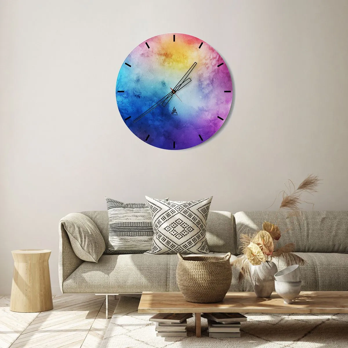 Wanduhr - Glasuhr - Ein farbenfroher Farbverlauf, der von Blau, Lila und Gelb dominiert wird. - 30x30cm - Fast auf Wolke sieben - Moderne Wanddekoration für Wohnzimmer, Küche und Schlafzimmer ARTTOR