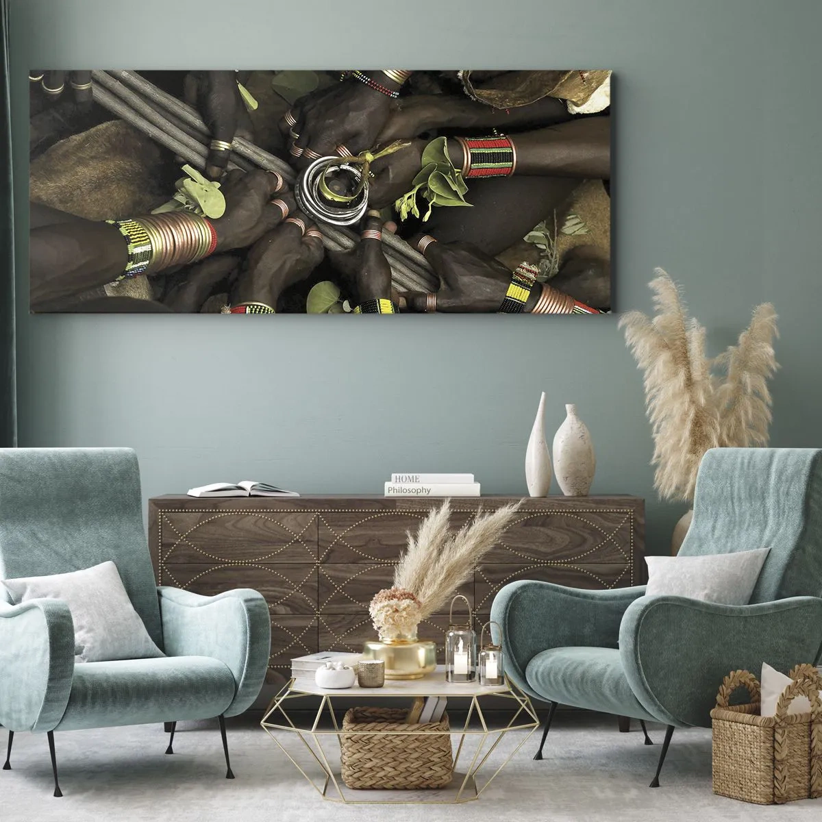 Bild auf Leinwand - Leinwandbild - Traditionelle Handarmbänder in einer Gruppe von Händen - 160x50cm - Wir sind zusammen - Moderne Wanddekoration für Wohnzimmer und Schlafzimmer ARTTOR