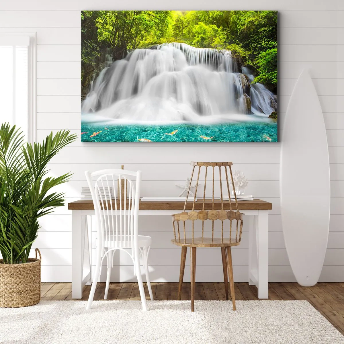 Bild auf Leinwand - Leinwandbild - Ein Wasserfall in einem tropischen Wald mit türkisfarbenem Wasser - 70x50cm - Eine schaumige Kaskade von grün bis azurblau - Moderne Wanddekoration für Wohnzimmer und Schlafzimmer ARTTOR