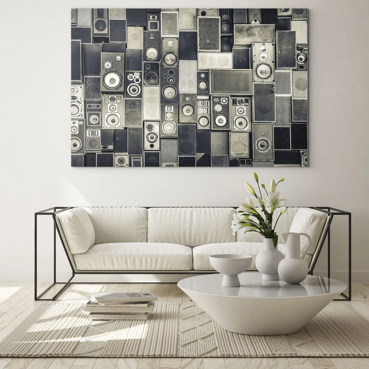 Glasbild - Bild auf glas - Eine Komposition aus Retro-Lautsprechern in Grautönen - 120x80cm - Und es ist alles in Ordnung - Moderne Wanddekoration für Wohnzimmer und Schlafzimmer ARTTOR