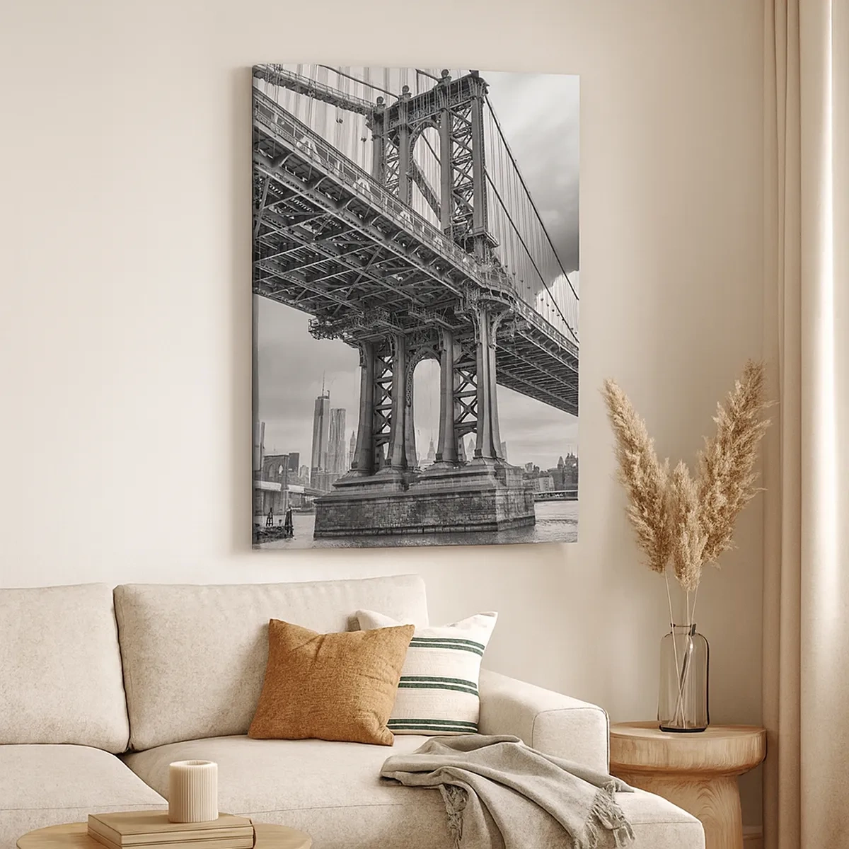 Bild auf Leinwand - Leinwandbild - Eine Brücke in Schwarz-Weiß mit Blick auf die Stadt - 50x70cm - Ins Herz der Stadt - Moderne Wanddekoration für Wohnzimmer und Schlafzimmer ARTTOR