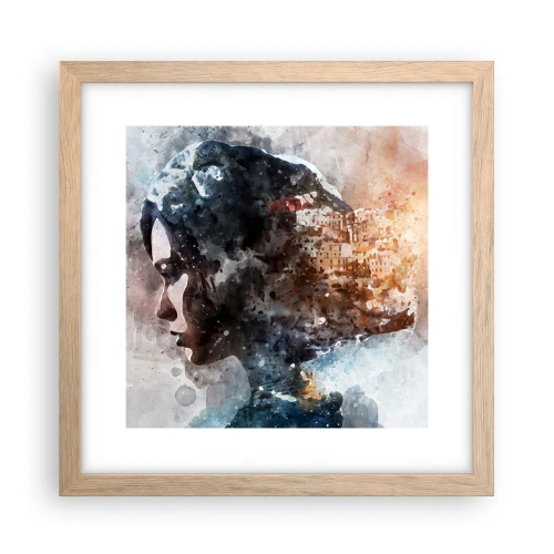 Poster in einem Rahmen aus heller Eiche - Eine Geschichte über ein Mädchen mit einer Stadt im Hintergrund - 30x30 cm