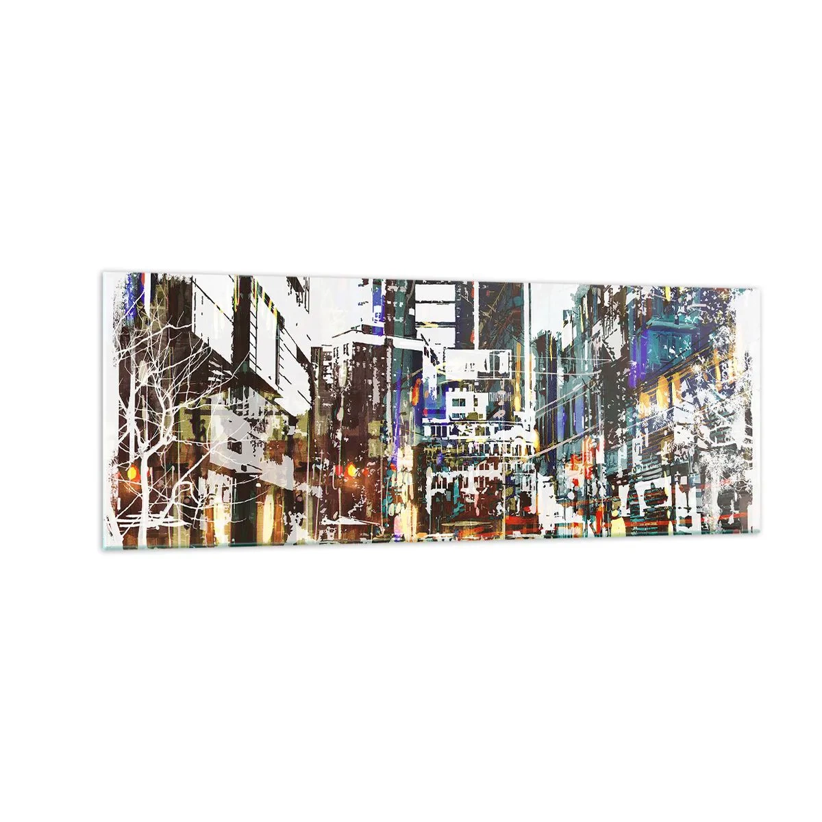 Glasbild - Bild auf glas - Eine moderne Stadtlandschaft im künstlerischen Stil - 140x50cm - Eine schillernde Stadt - Moderne Wanddekoration für Wohnzimmer und Schlafzimmer ARTTOR