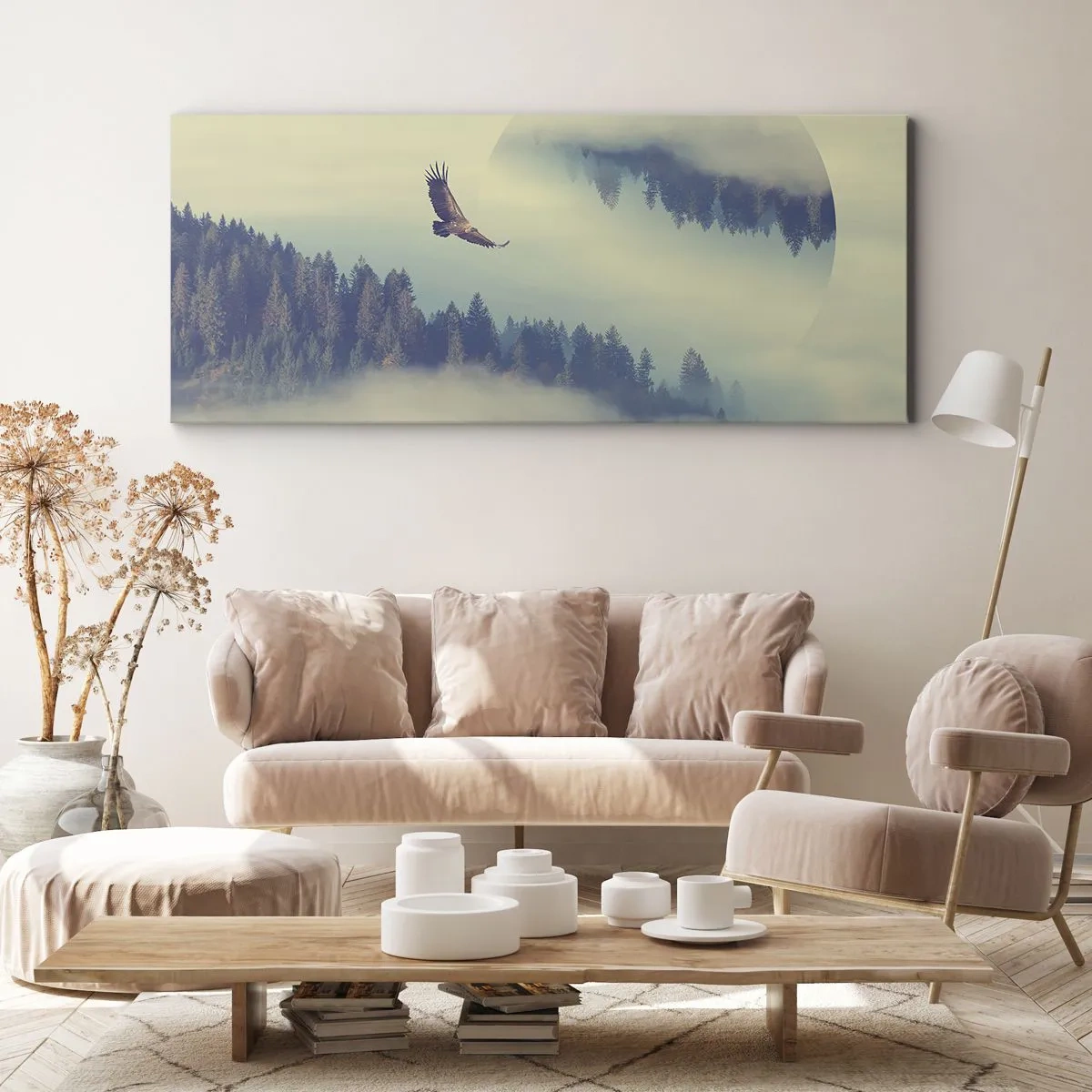 Bild auf Leinwand - Leinwandbild - Ein Adler im Flug vor der Kulisse nebliger Berge mit einem künstlerischen Kreismotiv - 160x50cm - Ich habe den Schatten eines Adlers gesehen - Moderne Wanddekoration für Wohnzimmer und Schlafzimmer ARTTOR
