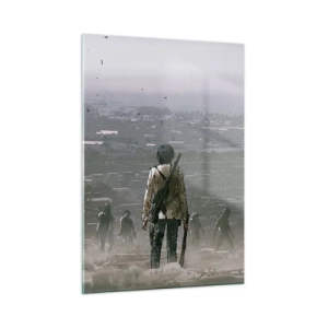 Glasbild - Bild auf glas - Eine Figur mit einem Gewehr in der dunklen Szenerie einer sich nähernden Gruppe - 50x70cm - Letzter Gerechter? - Moderne Wanddekoration für Wohnzimmer und Schlafzimmer ARTTOR