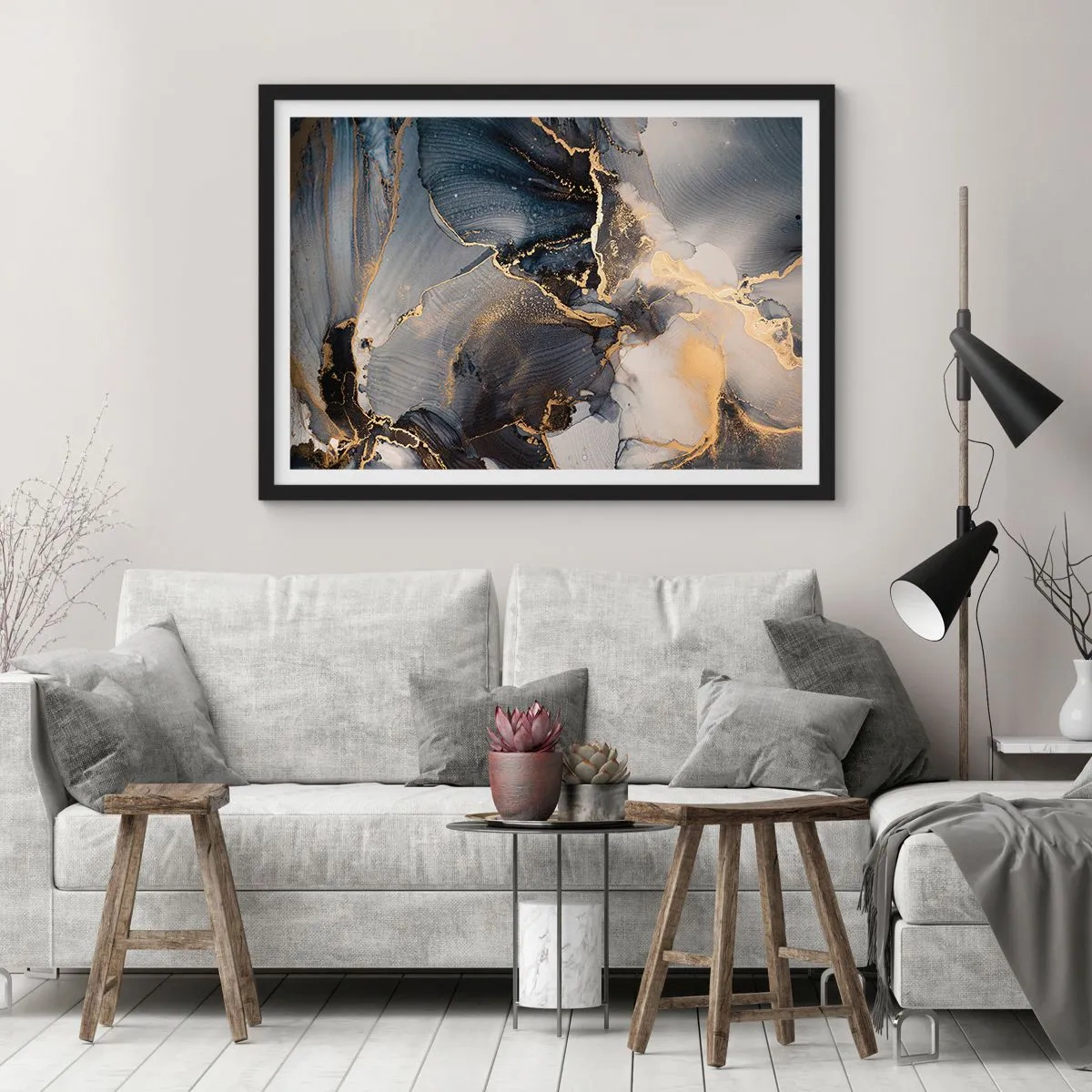 Poster in einem schwarzem Rahmen - Abstraktes Gold und Grau auf Leinwand - 70x50cm - Leben aus Stein - Moderne Wanddekoration für Wohnzimmer und Schlafzimmer ARTTOR