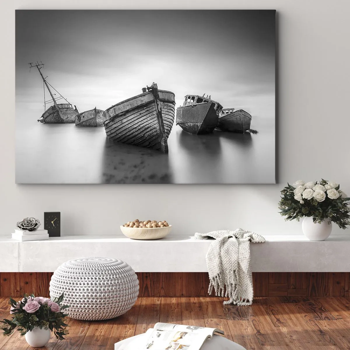 Bild auf Leinwand - Leinwandbild - Verlassene Boote auf ruhigem Wasser - 100x70cm - Nur Erinnerungen ... - Moderne Wanddekoration für Wohnzimmer und Schlafzimmer ARTTOR