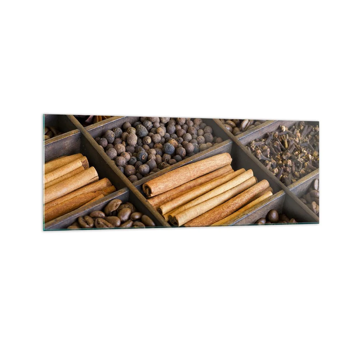 Glasbild - Bild auf glas - Gewürze und Kaffee in Holzfächern - 140x50cm - Eine Fundgrube an Aromen - Moderne Wanddekoration für Wohnzimmer und Schlafzimmer ARTTOR