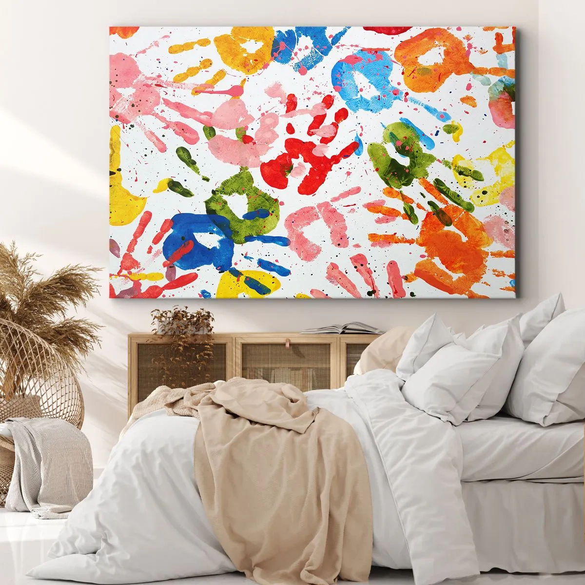 Bild auf Leinwand - Leinwandbild - Bunte Handabdrücke auf weißem Hintergrund - 120x80cm - Folgen Sie den Spuren - Moderne Wanddekoration für Wohnzimmer und Schlafzimmer ARTTOR