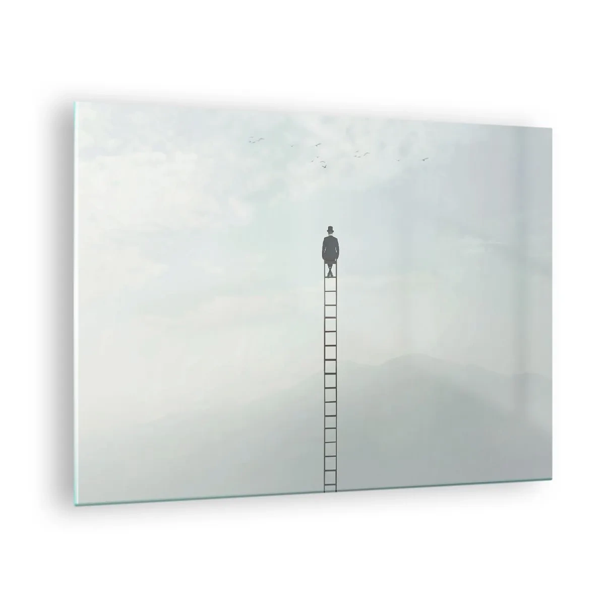 Glasbild - Bild auf glas - Silhouette eines Mannes oben auf einer Leiter in den Wolken - 70x50cm - Erhebe dich darüber! - Moderne Wanddekoration für Wohnzimmer und Schlafzimmer ARTTOR