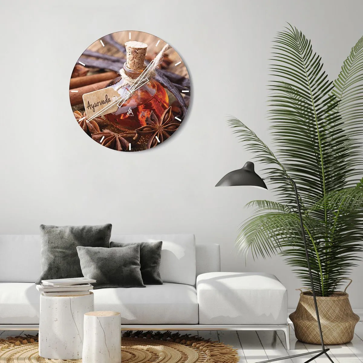 Wanduhr - Glasuhr - Eine Gewürzflasche umgeben von Anis und Vanille - 30x30cm - Zur Einheit von Körper und Geist - Moderne Wanddekoration für Wohnzimmer, Küche und Schlafzimmer ARTTOR