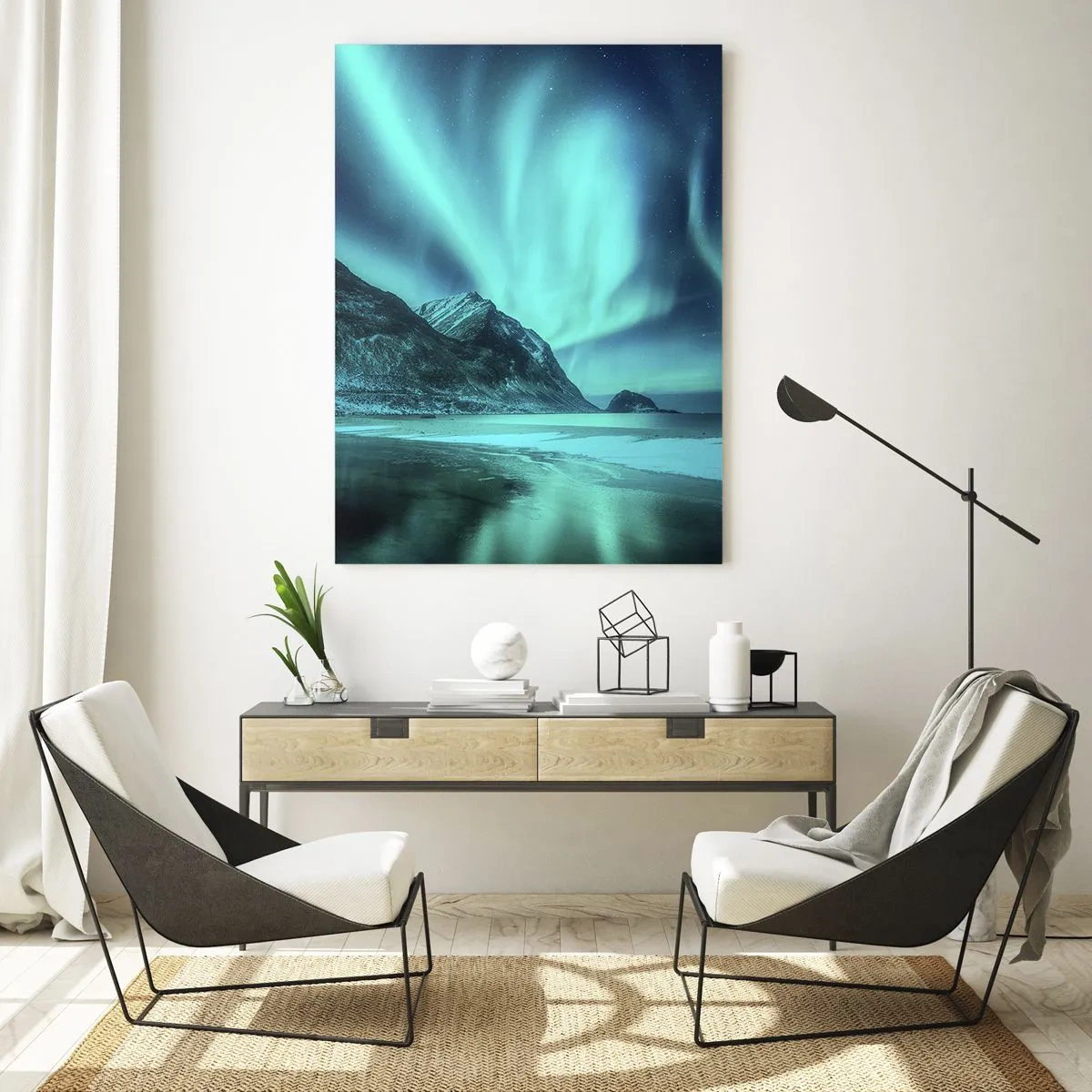 Glasbild - Bild auf glas - Aurora Borealis über einer bergigen Winterlandschaft - 80x120cm - Wunder des Nordens - Moderne Wanddekoration für Wohnzimmer und Schlafzimmer ARTTOR