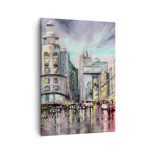 Bild auf Leinwand - Leinwandbild - Abendlicher Blick auf die Stadt mit Spiegelungen auf der nassen Straße - 50x70cm - Es wird ein gelungener Abend - Moderne Wanddekoration für Wohnzimmer und Schlafzimmer ARTTOR