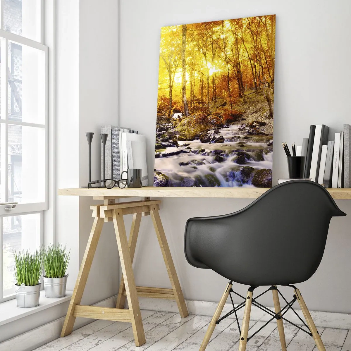 Glasbild - Bild auf glas - Herbstwald mit einem Fluss in den Strahlen des warmen Lichts - 50x70cm - In Gold und Platin gefasste Steine - Moderne Wanddekoration für Wohnzimmer und Schlafzimmer ARTTOR