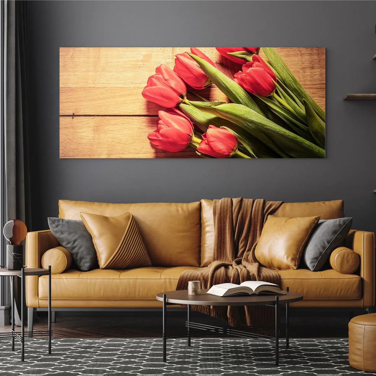 Glasbild - Bild auf glas - Ein Strauß rosa Tulpen auf einem hölzernen Hintergrund - 120x50cm - Frühlingsgeständnis - Moderne Wanddekoration für Wohnzimmer und Schlafzimmer ARTTOR