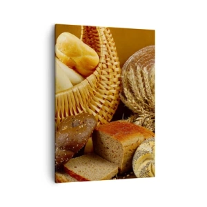 Bild auf Leinwand - Leinwandbild - Verschiedene Brotsorten in einem Weidenkorb auf goldenem Hintergrund - 50x70cm - Wir sind wieder davongekommen - Moderne Wanddekoration für Wohnzimmer und Schlafzimmer ARTTOR
