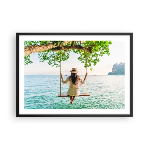 Poster in einem schwarzem Rahmen - Frau auf einer Schaukel am Meer in einer tropischen Landschaft - 70x50cm - Das Leben ist wunderschön - Moderne Wanddekoration für Wohnzimmer und Schlafzimmer ARTTOR