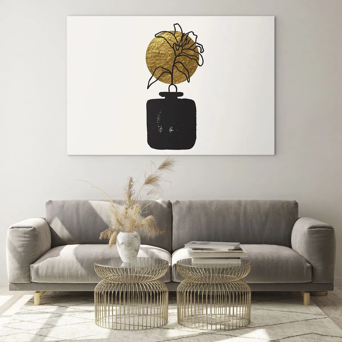 Glasbild - Bild auf glas - Minimalistische Grafik mit einer Blume in einem goldenen Kreis und einer schwarzen Vase - 120x80cm - Schönheit ist Gold wert - Moderne Wanddekoration für Wohnzimmer und Schlafzimmer ARTTOR