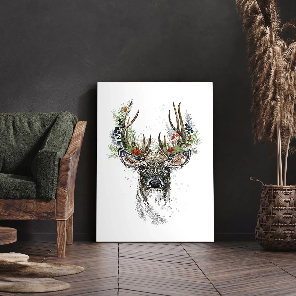 Bild auf Leinwand - Leinwandbild - Stilisierter Hirsch mit dekorativem Geweih auf weißem Hintergrund - 50x70cm - Im festlichen Gewand - Moderne Wanddekoration für Wohnzimmer und Schlafzimmer ARTTOR