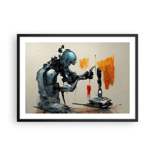 Poster in einem schwarzem Rahmen - Roboter bei der Arbeit mit abstraktem Hintergrund - 70x50cm - Schon morgen… - Moderne Wanddekoration für Wohnzimmer und Schlafzimmer ARTTOR