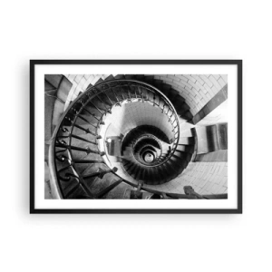 Poster in einem schwarzem Rahmen - Schwarz-Weiß-Fotografie einer Wendeltreppe aus der Vogelperspektive - 70x50cm - Höher und höher - Moderne Wanddekoration für Wohnzimmer und Schlafzimmer ARTTOR