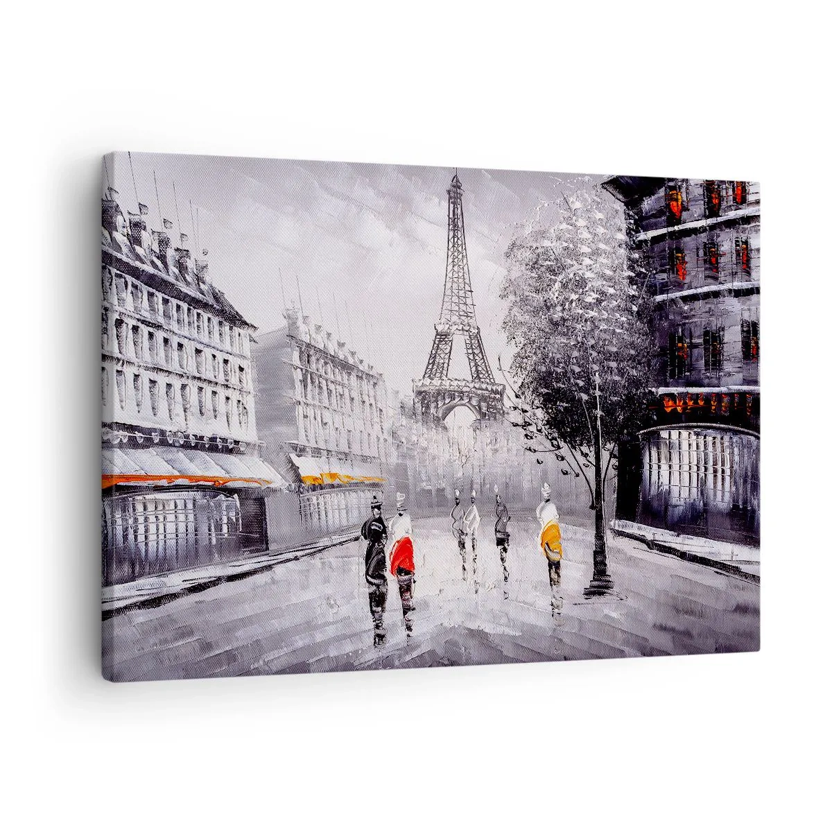 Bild auf Leinwand - Leinwandbild - Ein Blick auf den Eiffelturm in einer monochromen Umgebung mit Farbakzenten - 70x50cm - Pariser Spaziergang - Moderne Wanddekoration für Wohnzimmer und Schlafzimmer ARTTOR