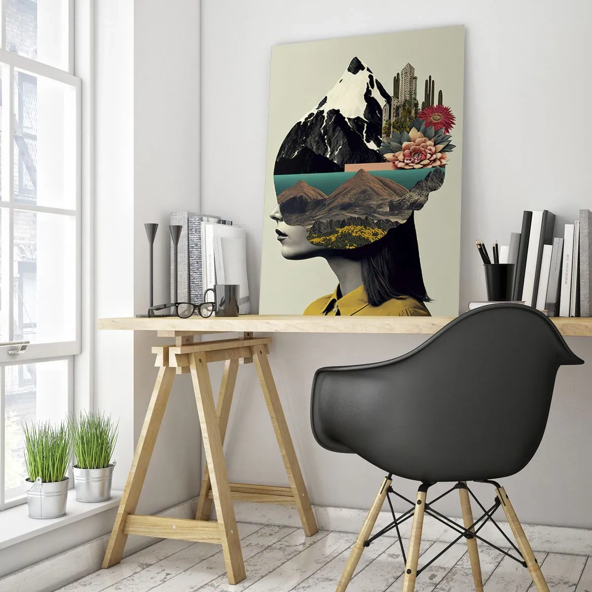 Glasbild - Bild auf glas - Silhouette einer Frau mit einer Berglandschaft und Flora im Kopf - 50x70cm - Frau – bleibt immer ein Geheimnis - Moderne Wanddekoration für Wohnzimmer und Schlafzimmer ARTTOR