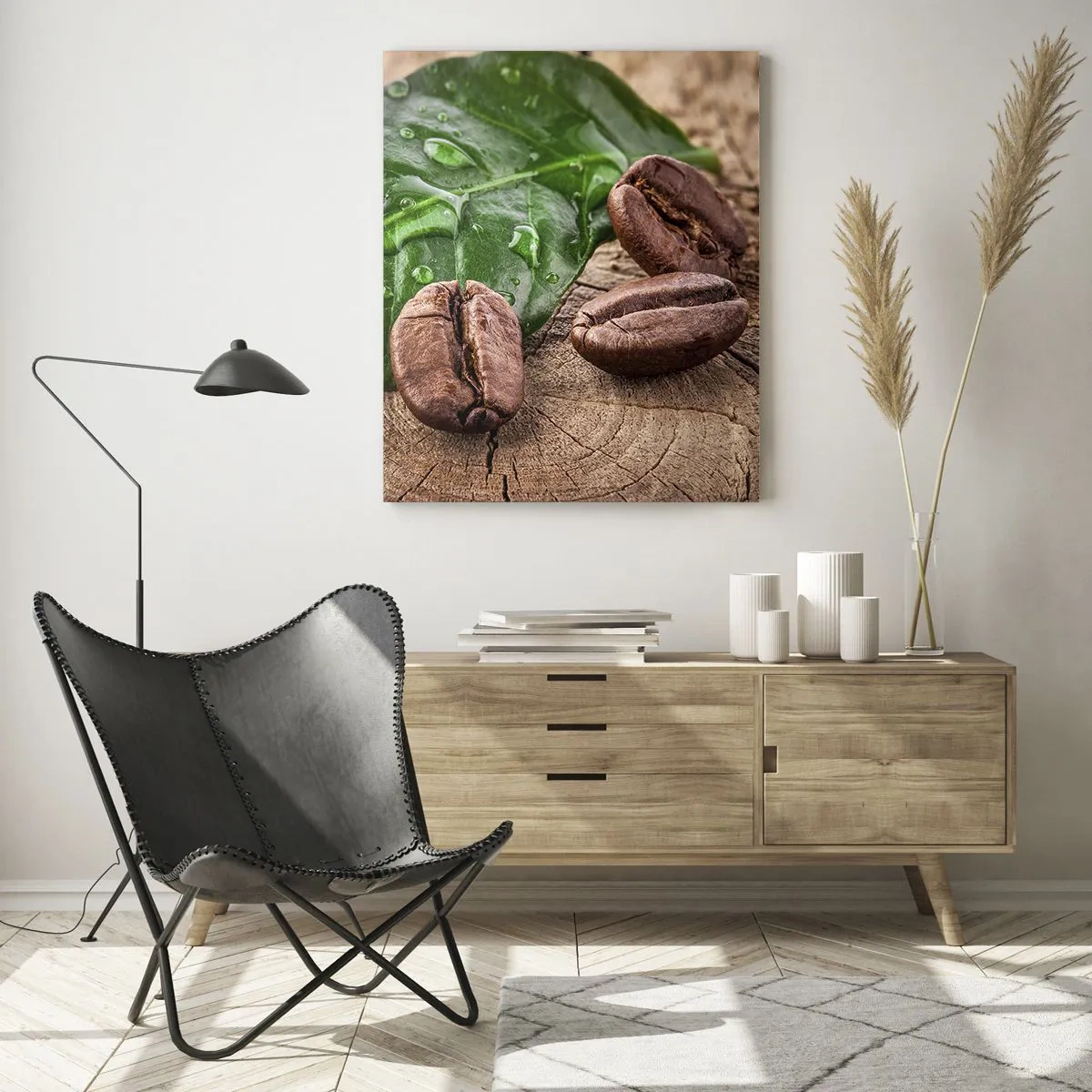 Glasbild - Bild auf glas - Kaffeebohnen auf einem Blatt und Holzhintergrund - 50x70cm - Der wahrste und schwarze - Moderne Wanddekoration für Wohnzimmer und Schlafzimmer ARTTOR