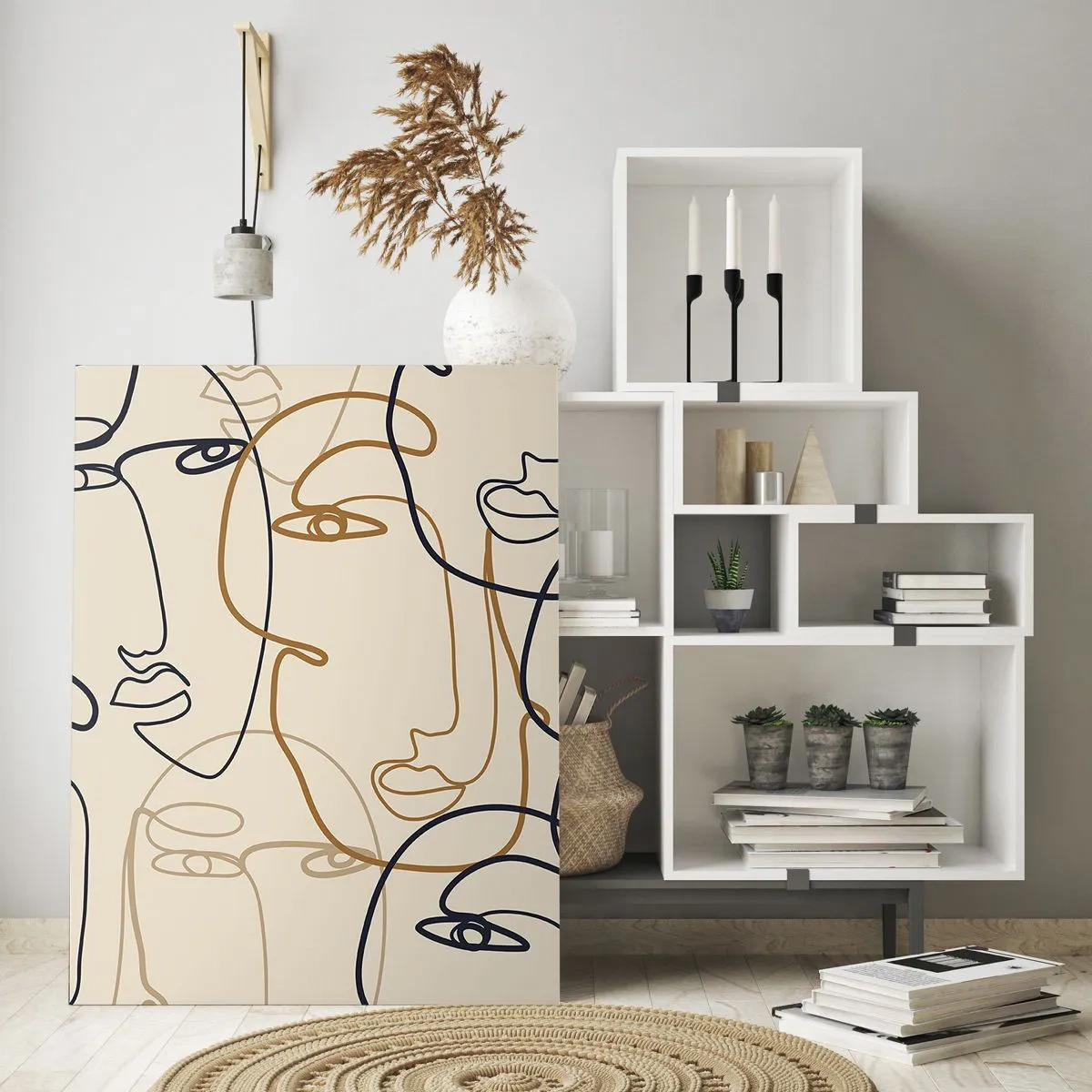 Glasbild - Bild auf glas - Konturierte Gesichter in einem Strich auf Beige gezeichnet - 50x70cm - Das Porträt wird multipliziert - Moderne Wanddekoration für Wohnzimmer und Schlafzimmer ARTTOR