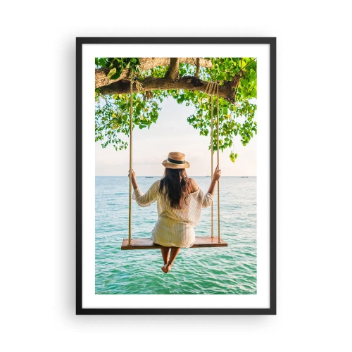 Poster in einem schwarzem Rahmen - Frau auf einer Schaukel am Meer in tropischer Umgebung - 50x70cm - Das Leben ist wunderschön - Moderne Wanddekoration für Wohnzimmer und Schlafzimmer ARTTOR
