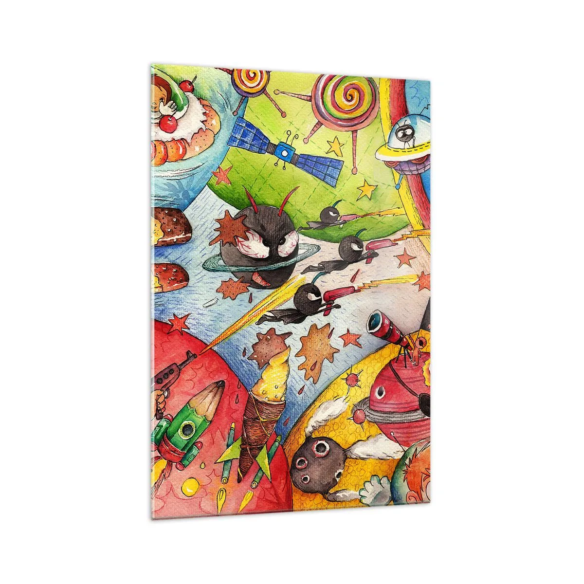 Glasbild - Bild auf glas - Eine bunte Weltraumszene voller Kinder und Raumschiffe - 70x100cm - Tolles Weltraumabenteuer - Moderne Wanddekoration für Wohnzimmer und Schlafzimmer ARTTOR