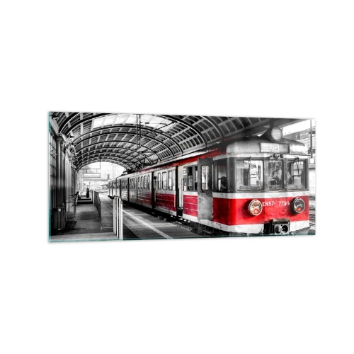 Glasbild - Bild auf glas - Roter Zug am Bahnhof unter einem Dach - 120x50cm - Vielleicht ist es eine Reise Ihres Lebens? - Moderne Wanddekoration für Wohnzimmer und Schlafzimmer ARTTOR