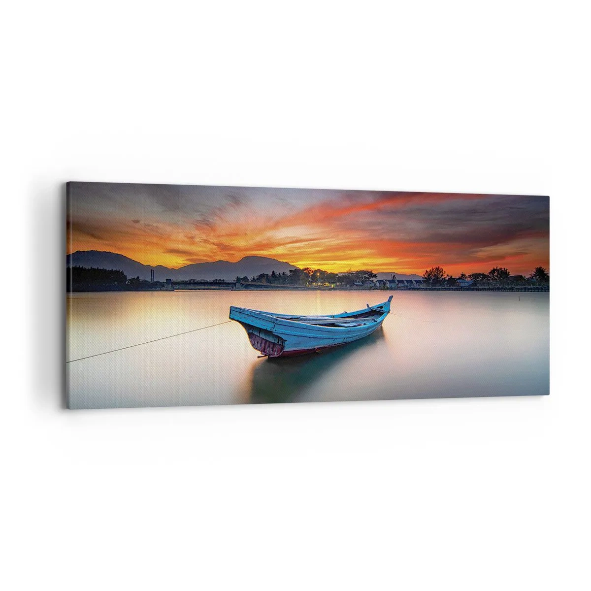 Bild auf Leinwand - Leinwandbild - Ein Boot auf dem Wasser während eines malerischen Sonnenuntergangs - 120x50cm - Eine gute Nacht kommt - Moderne Wanddekoration für Wohnzimmer und Schlafzimmer ARTTOR