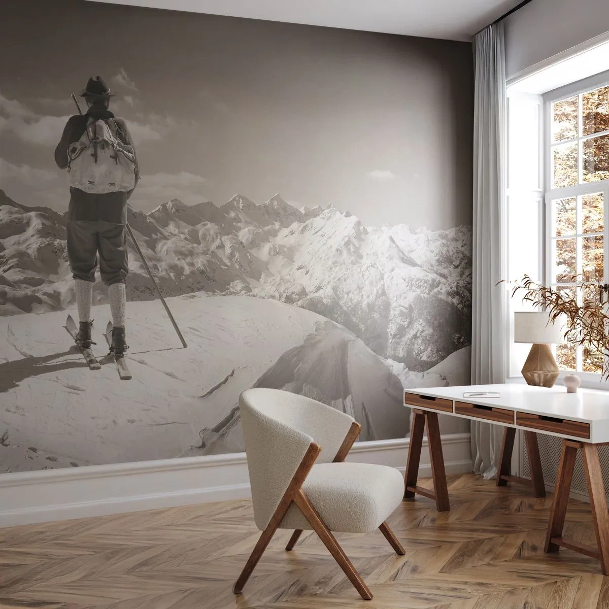 Selbstklebende Fototapete Deluxe Sticker - Und die Berge bleiben unverändert - Landschaft, Berge, Skifahrer - 100x70 cm