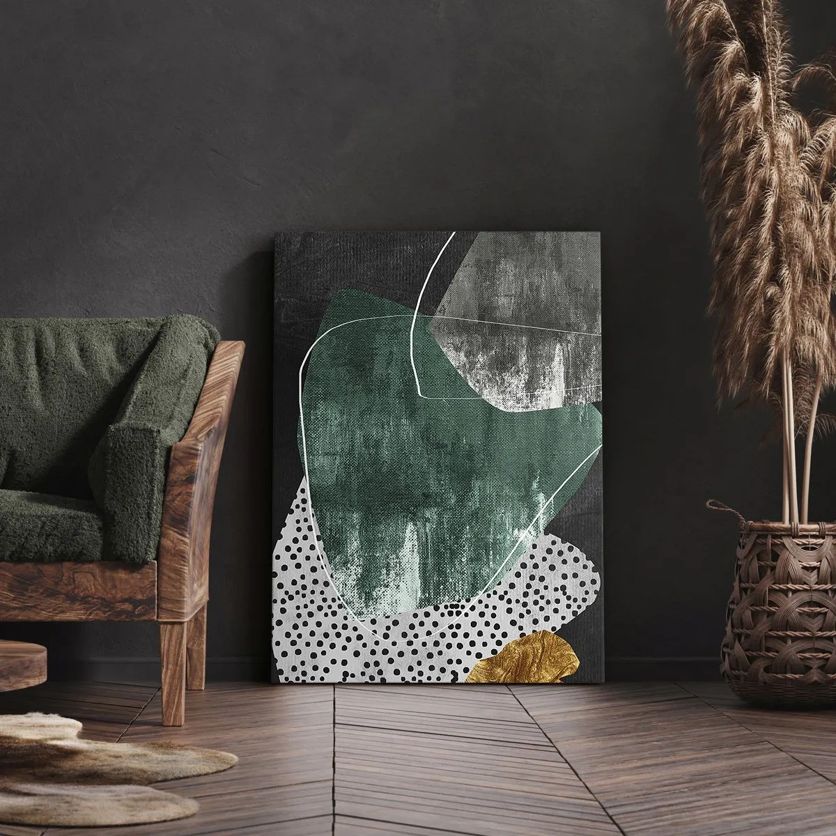 Bild auf Leinwand - Leinwandbild - Abstrakte Komposition mit grünen Formen und Punktmustern - 50x70cm - Bunte Abstraktion mit Blattgold - Moderne Wanddekoration für Wohnzimmer und Schlafzimmer ARTTOR