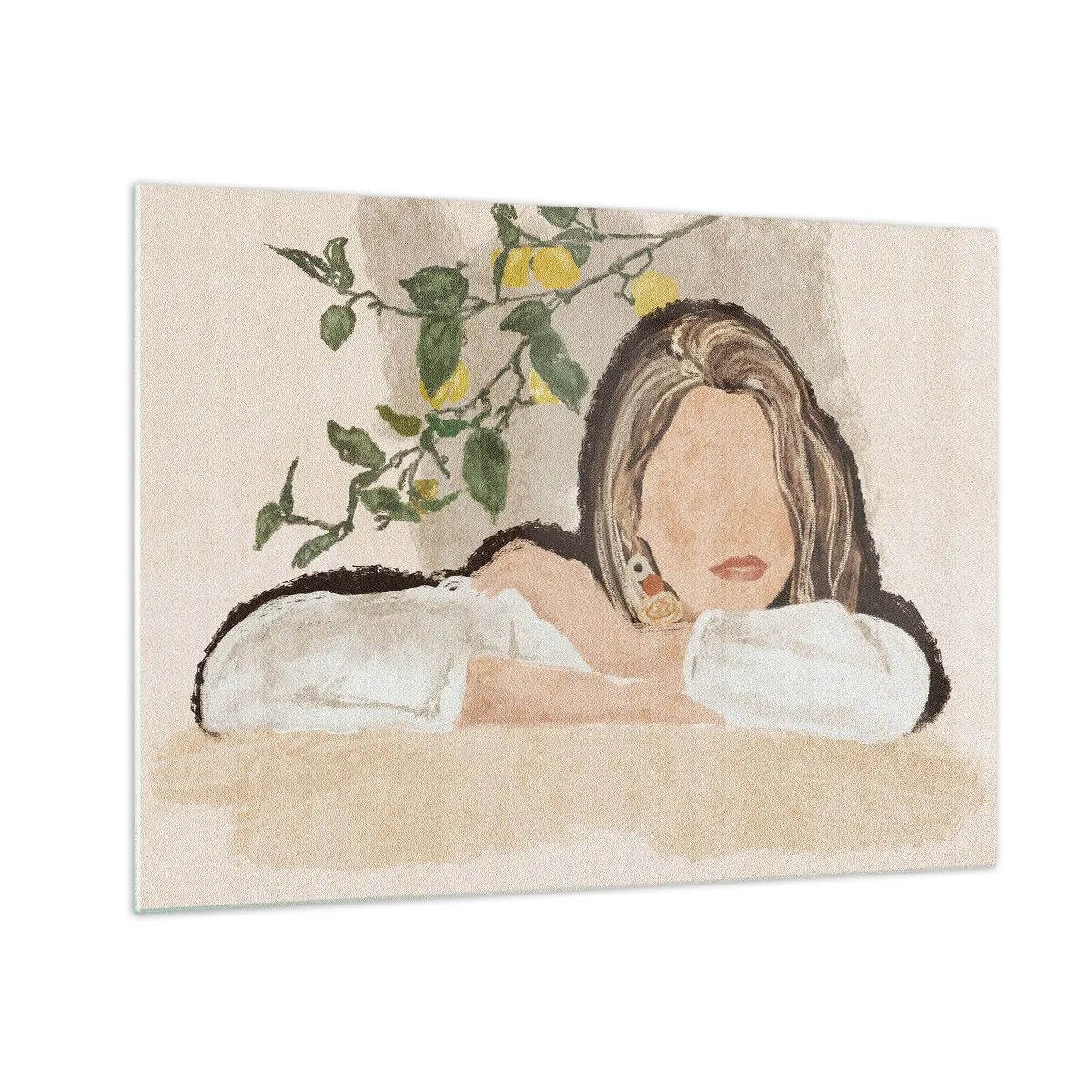 Glasbild - Bild auf glas - Eine Frau lehnt mit ausdruckslosem Gesicht zwischen den Zweigen eines Zitronenbaums an einem Tisch. - 70x50cm - Südländische Schönheit - Moderne Wanddekoration für Wohnzimmer und Schlafzimmer ARTTOR