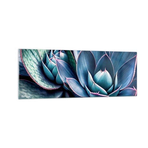 Glasbild - Bild auf glas - Agave in Blau- und Grüntönen mit rosa Akzenten - 140x50cm - Lebenskraft - Moderne Wanddekoration für Wohnzimmer und Schlafzimmer ARTTOR