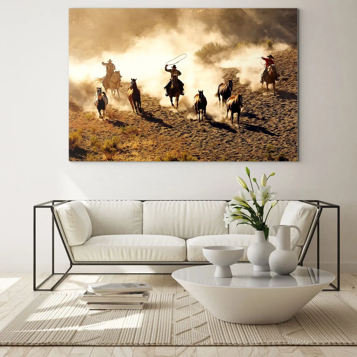 Glasbild - Bild auf glas - Cowboys zu Pferd im Staub bei einem Rodeo - 120x80cm - Wirklich wilder Westen - Moderne Wanddekoration für Wohnzimmer und Schlafzimmer ARTTOR