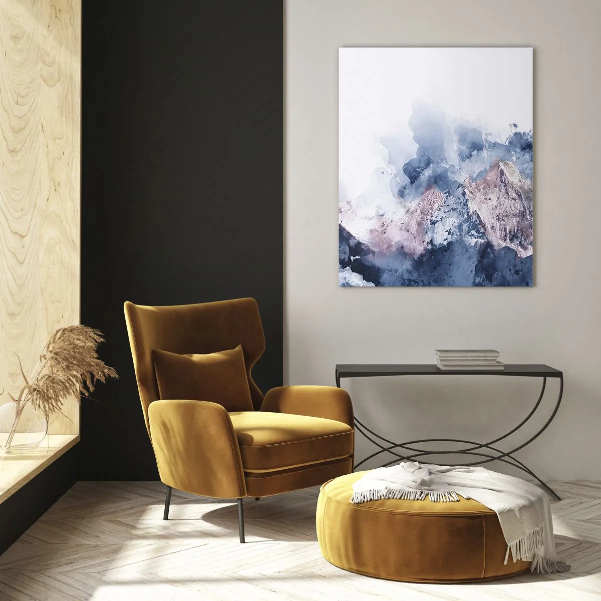 Glasbild - Bild auf glas - Aquarell Berge in Pastelltönen auf weißem Hintergrund - 70x100cm - Das sind die Spitzen! - Moderne Wanddekoration für Wohnzimmer und Schlafzimmer ARTTOR