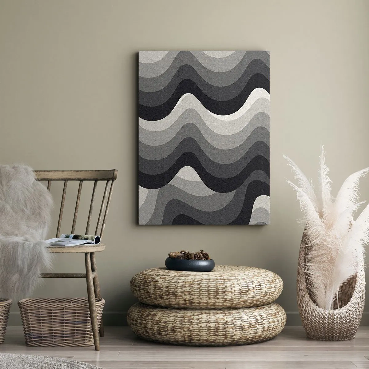 Bild auf Leinwand - Leinwandbild - Schwarz-weiße Wellenmuster in Grautönen - 80x120cm - Eine Welle nach der anderen - Moderne Wanddekoration für Wohnzimmer und Schlafzimmer ARTTOR