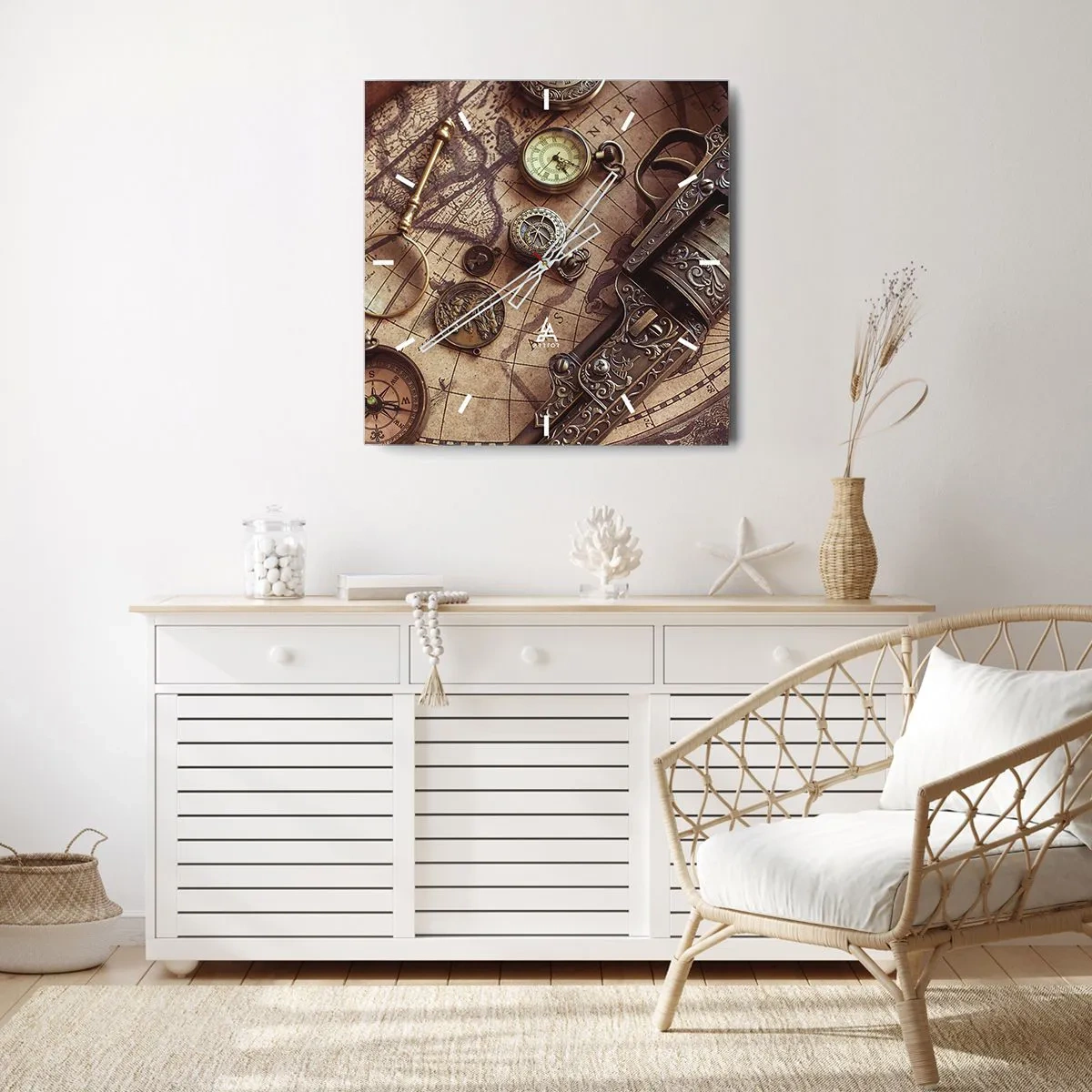 Wanduhr - Glasuhr - Antike Gegenstände auf einer alten Karte im Retro-Stil - 30x30cm - Das Abenteuer ruft - Moderne Wanddekoration für Wohnzimmer und Schlafzimmer ARTTOR