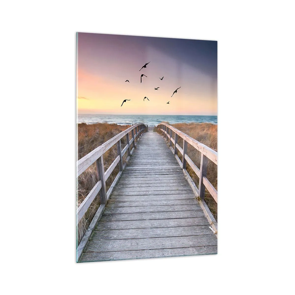 Glasbild - Bild auf glas - Holzsteg zum Strand bei Sonnenuntergang - 70x100cm - Der Raum für Auffliegen - Moderne Wanddekoration für Wohnzimmer und Schlafzimmer ARTTOR