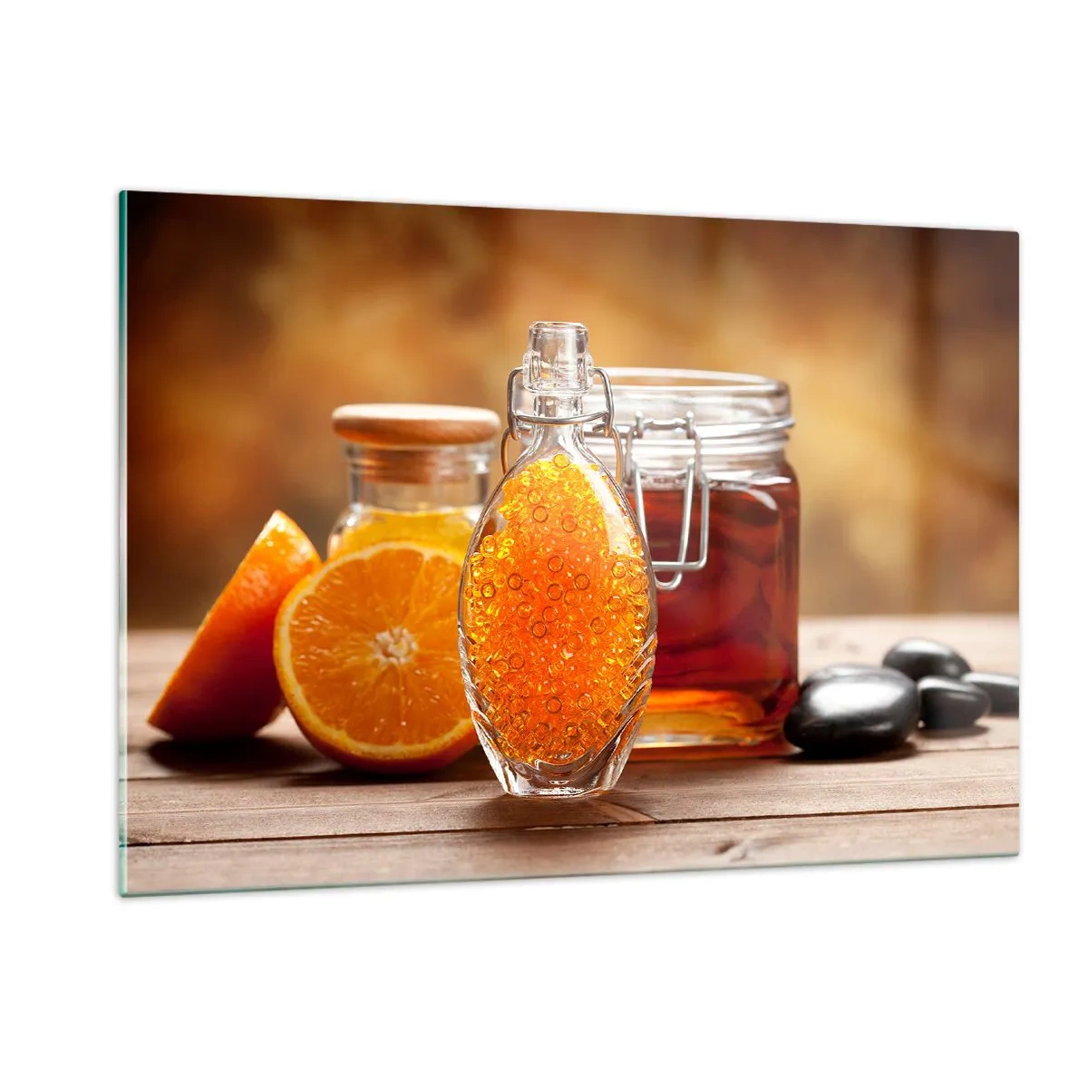 Glasbild - Bild auf glas - Eine Flasche Öl und eine Orange auf einem Holztisch - 120x80cm - Sonnige Aromen und Düfte - Moderne Wanddekoration für Wohnzimmer und Schlafzimmer ARTTOR