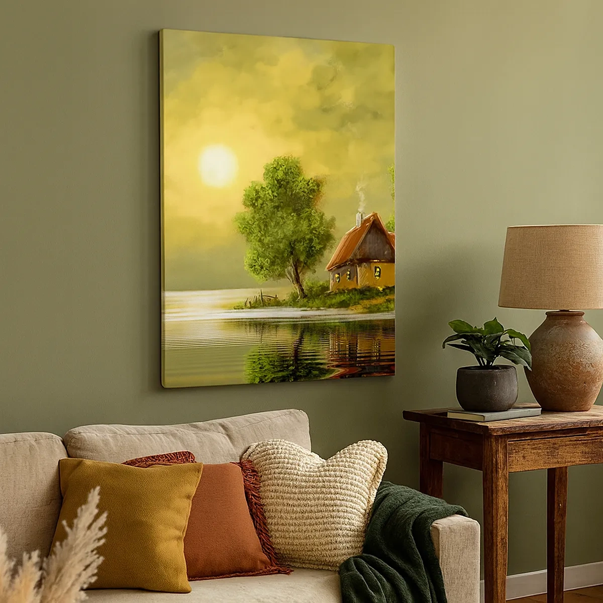 Bild auf Leinwand - Leinwandbild - Seehaus im Abendlicht - 50x70cm - Schön, wie ein Bild - Moderne Wanddekoration für Wohnzimmer und Schlafzimmer ARTTOR