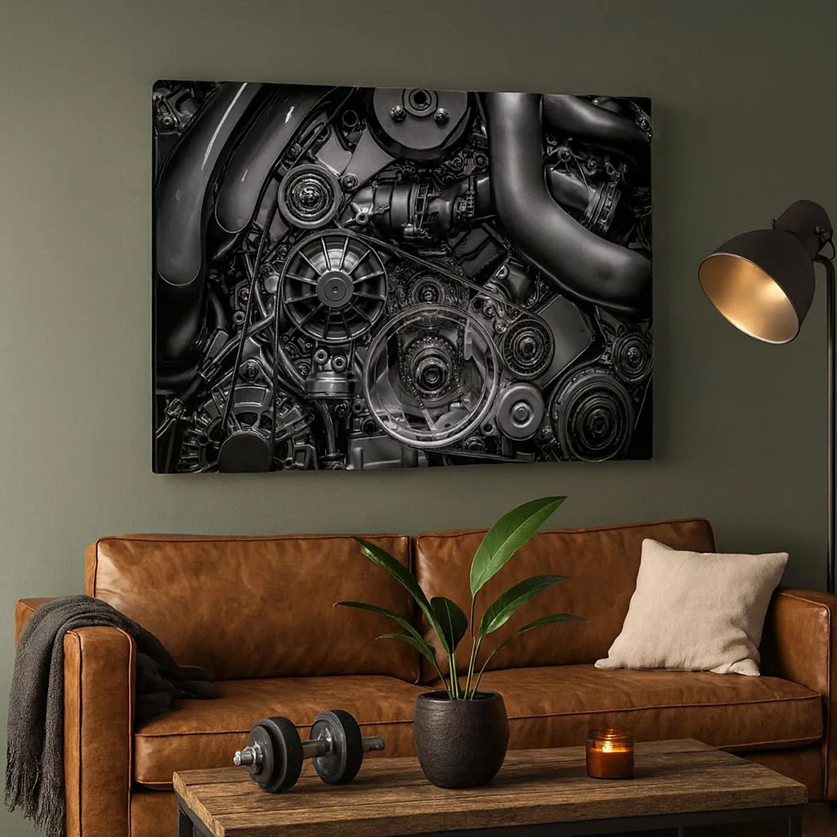 Bild auf Leinwand - Leinwandbild - Schwarz-Weiß-Nahaufnahme der mechanischen Details eines Automotors. - 70x50cm - Die Poesie der Mechanik - Moderne Wanddekoration für Wohnzimmer und Schlafzimmer ARTTOR