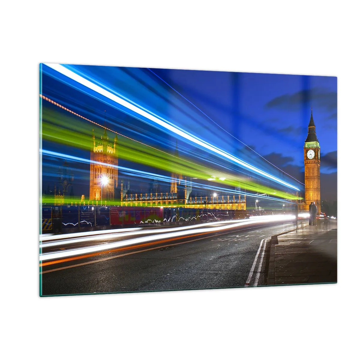 Glasbild - Bild auf glas - Big Ben bei Nacht mit verschwommenen Autolichtern - 120x80cm - Unter den wachsamen Augen von Big Ben - Moderne Wanddekoration für Wohnzimmer und Schlafzimmer ARTTOR