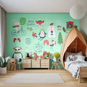 Fototapete Premium Sand - Weihnachtstierillustrationen auf pastellfarbenem Hintergrund - 100x70cm - Möge es immer Weihnachten sein! - Moderne Wanddekoration für Wohnzimmer und Schlafzimmer ARTTOR